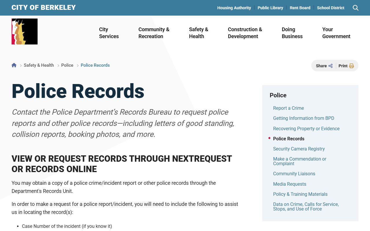 Berkeley Police Department records unit information page