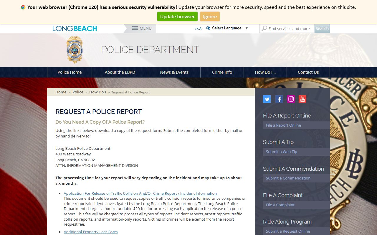 Long Beach Police Department warrant and records information page