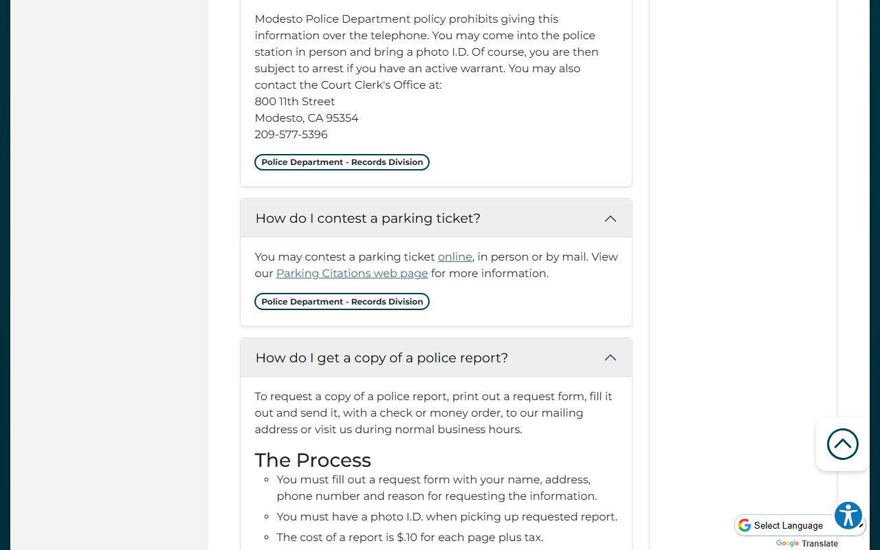 Modesto Police Department policy stating warrant information is not given over the phone