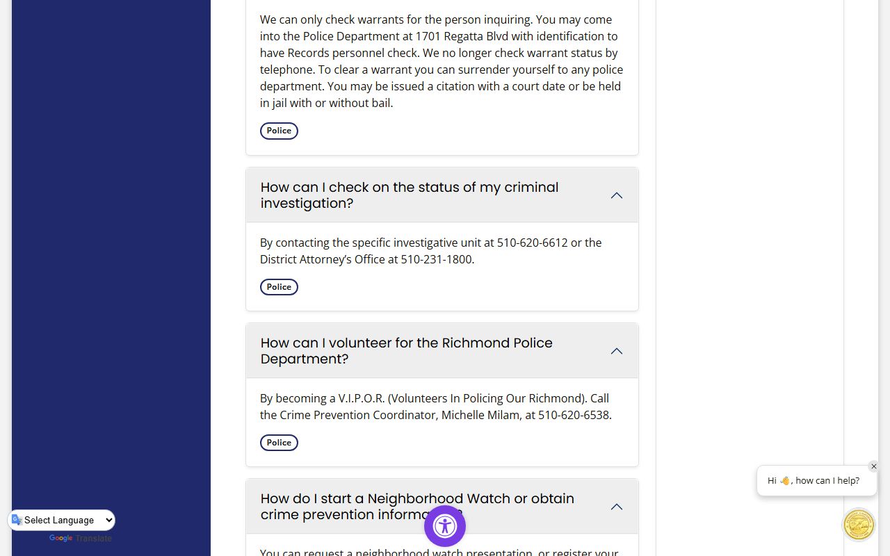 Richmond Police Department warrant FAQ stating phone checks are no longer available