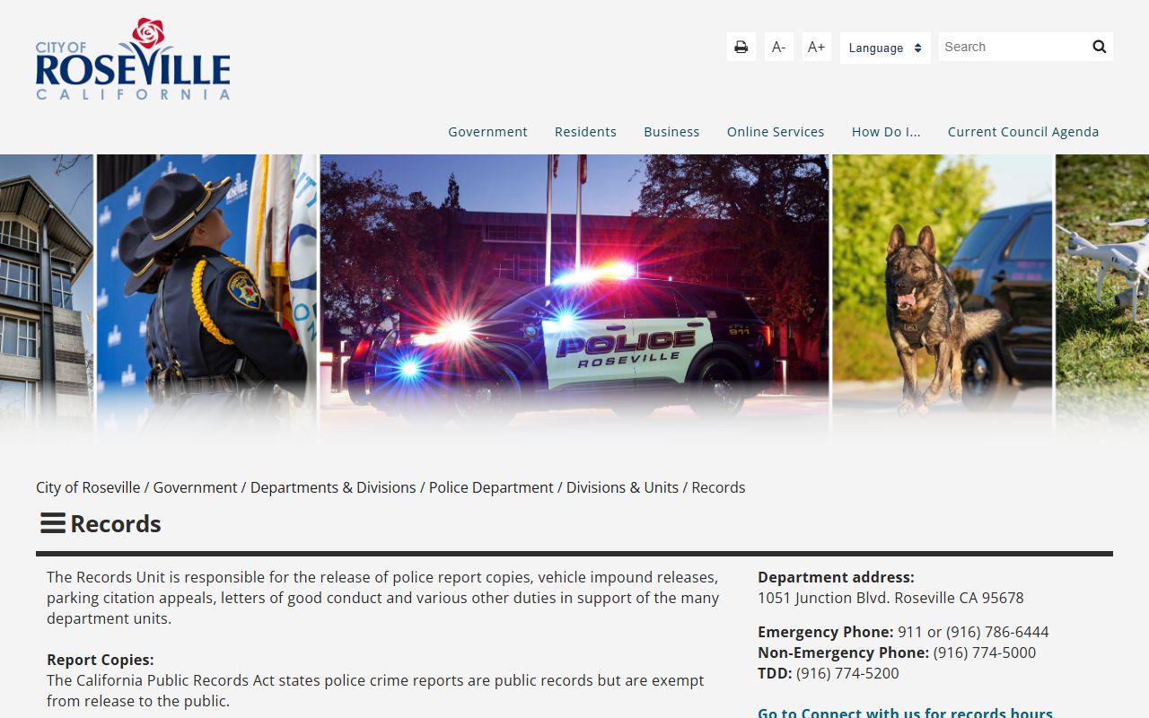 Roseville Police Department records division webpage showing warrant and records services