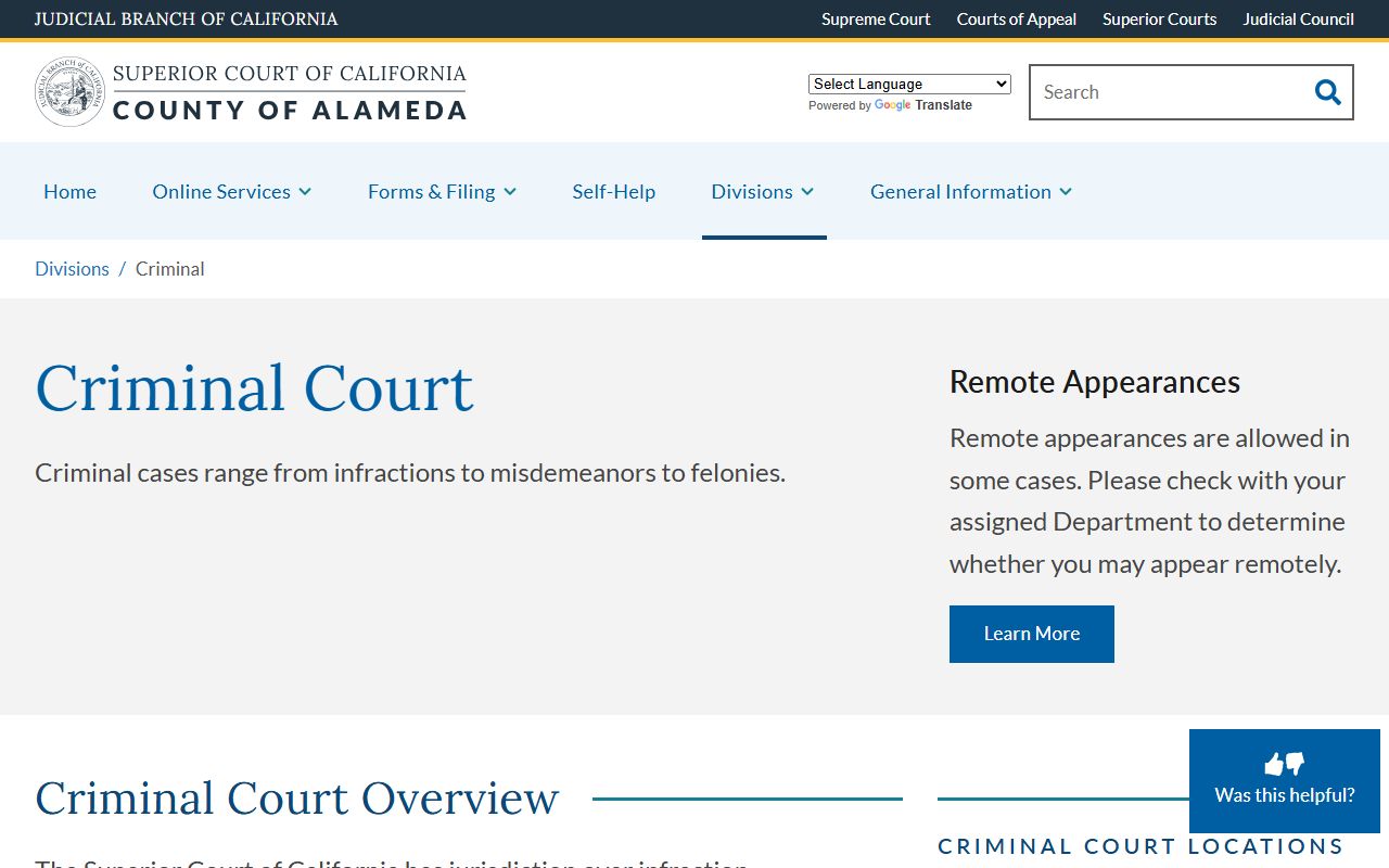 Alameda County Superior Court criminal division information page
