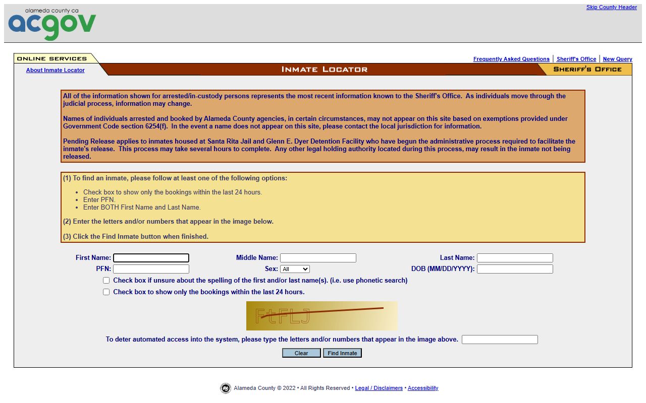 Alameda County Sheriff inmate locator database search interface