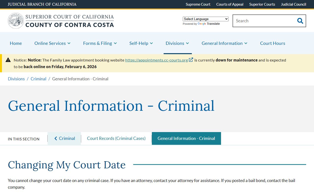 Contra Costa County Superior Court criminal division general information page