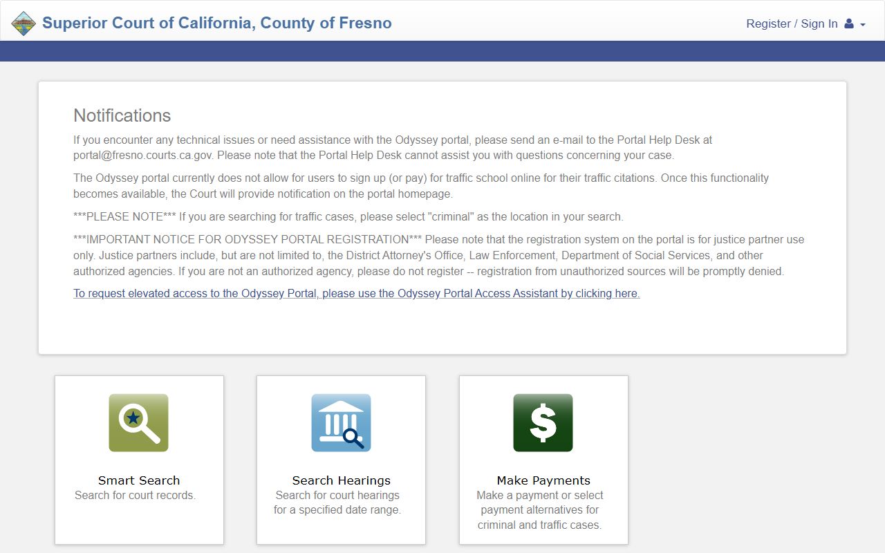 Fresno County Superior Court public case portal for searching criminal case records and warrant information