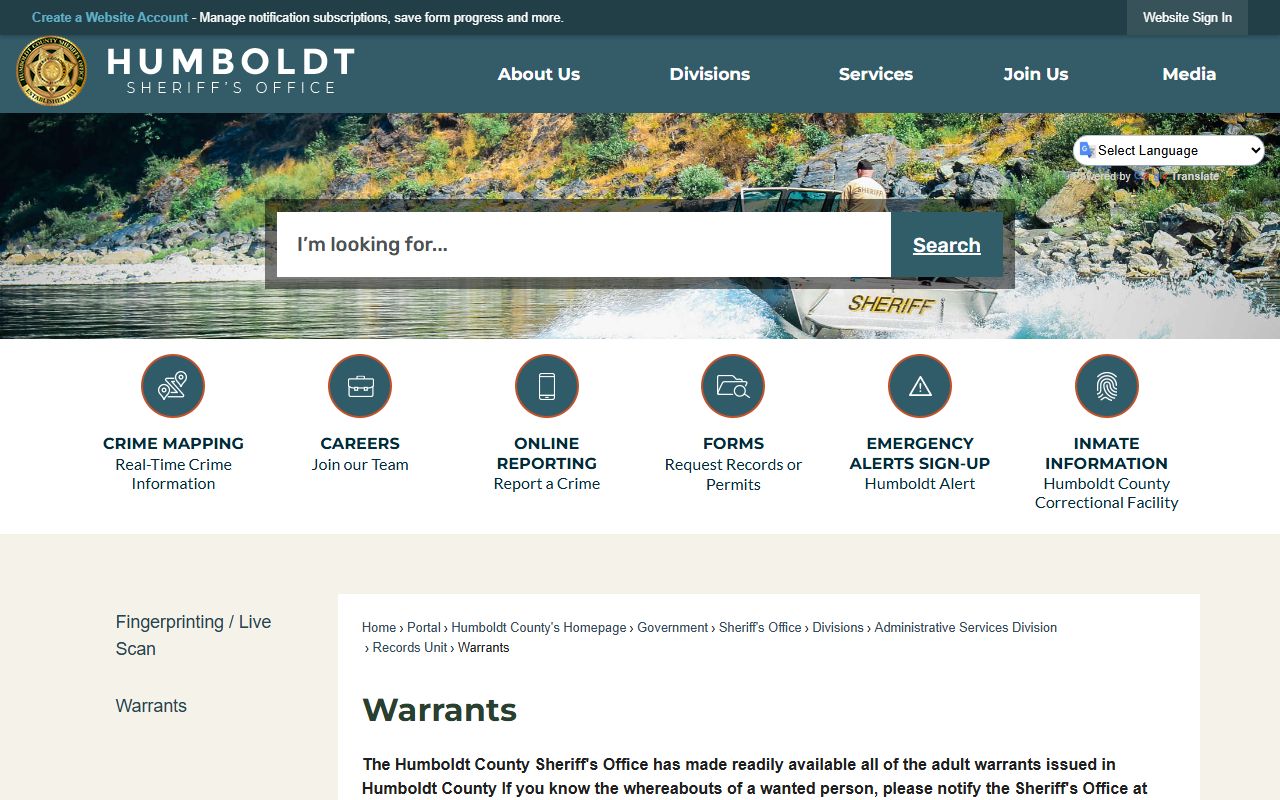 Humboldt County Sheriff online warrant list search database showing active warrants