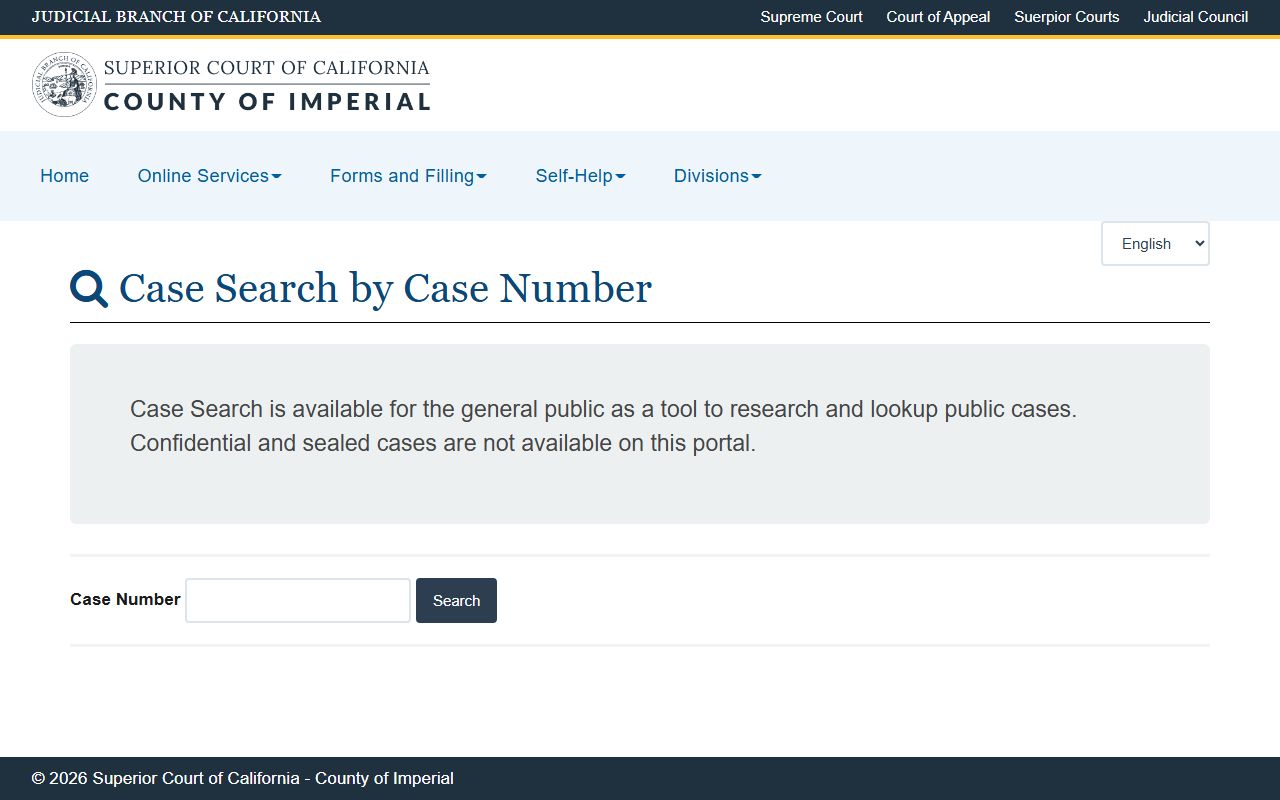 Imperial County Superior Court web case search portal for looking up criminal case information
