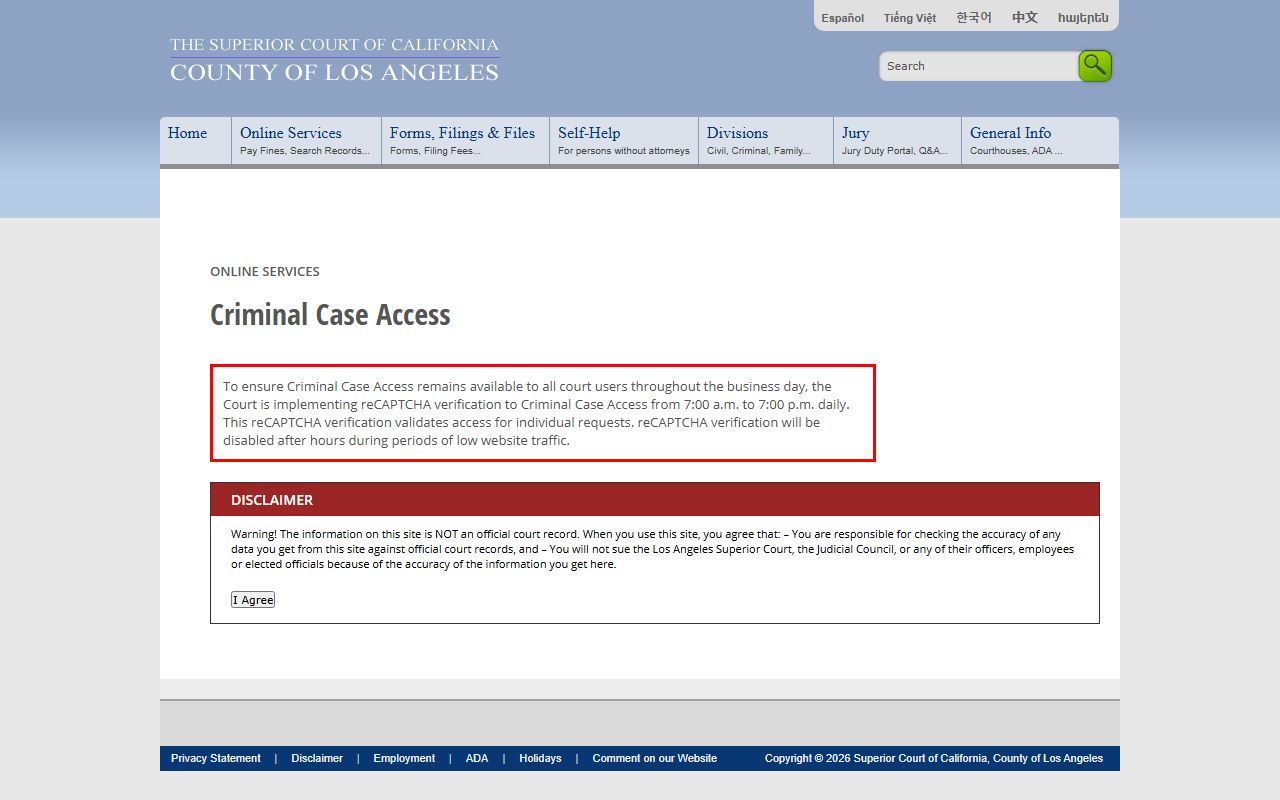 LA County Superior Court criminal case search interface