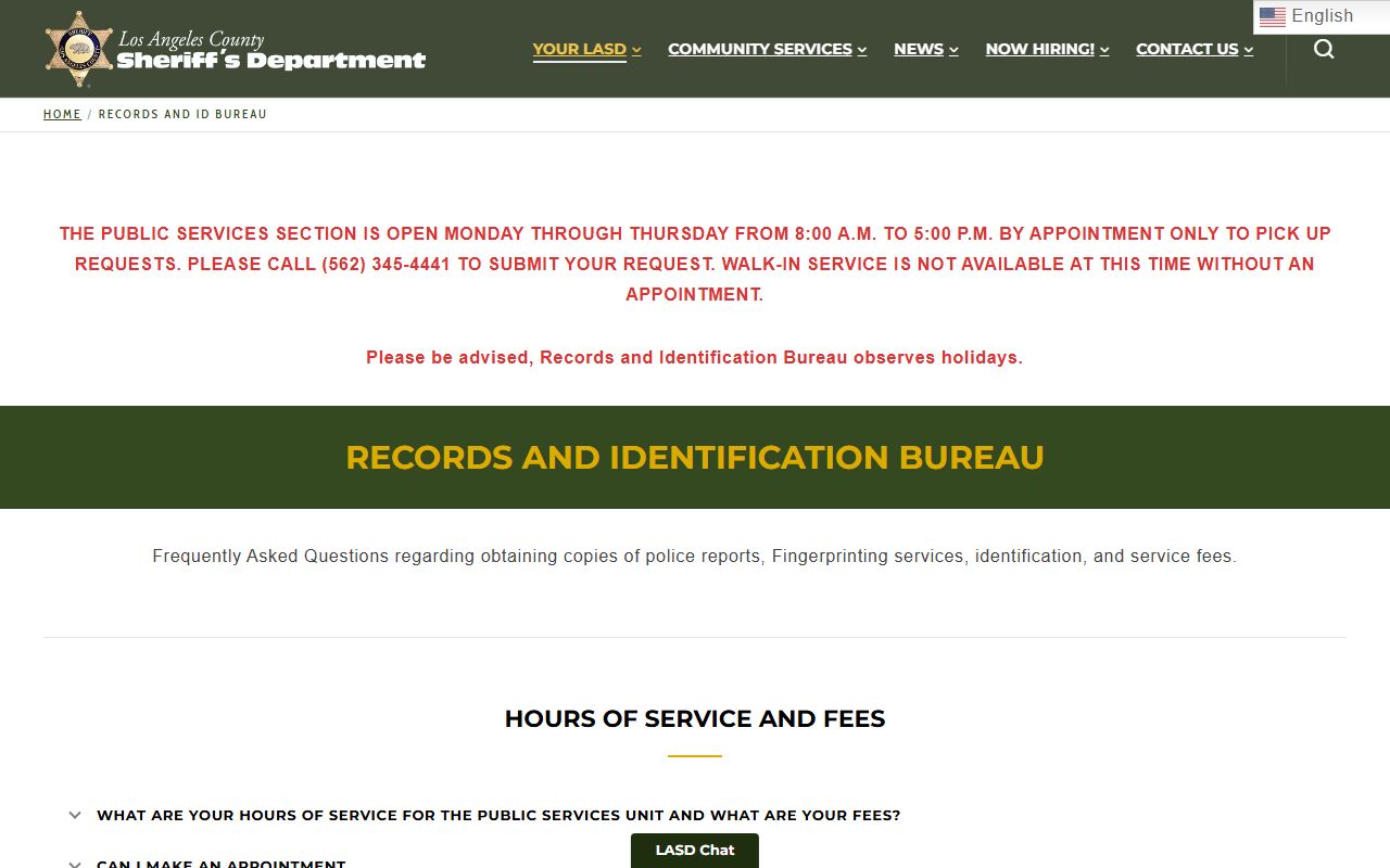 LA County Sheriff records and warrant information FAQ page