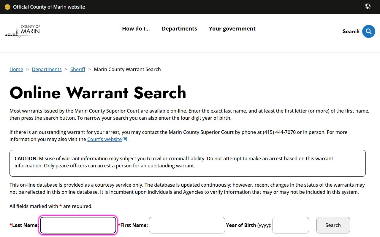 Marin County Sheriff free online warrant search database interface