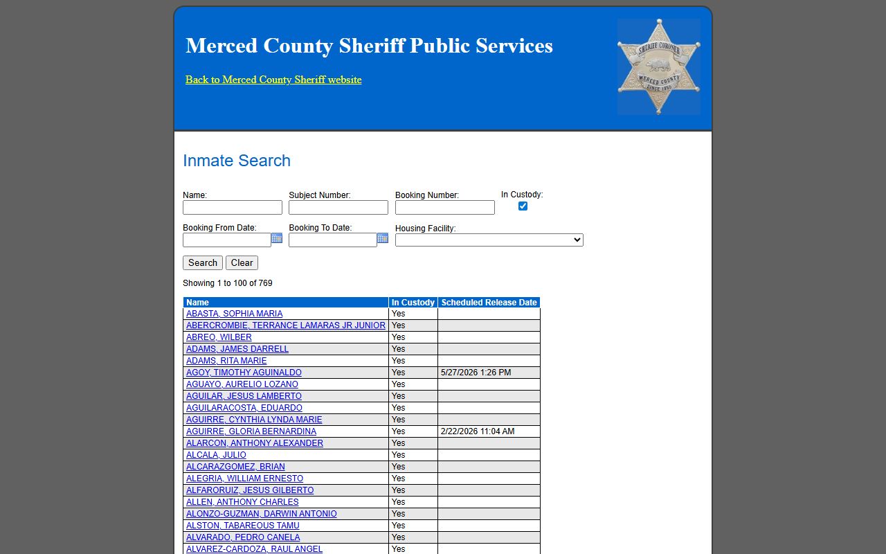 Merced County Sheriff inmate search database for checking bench warrant arrests