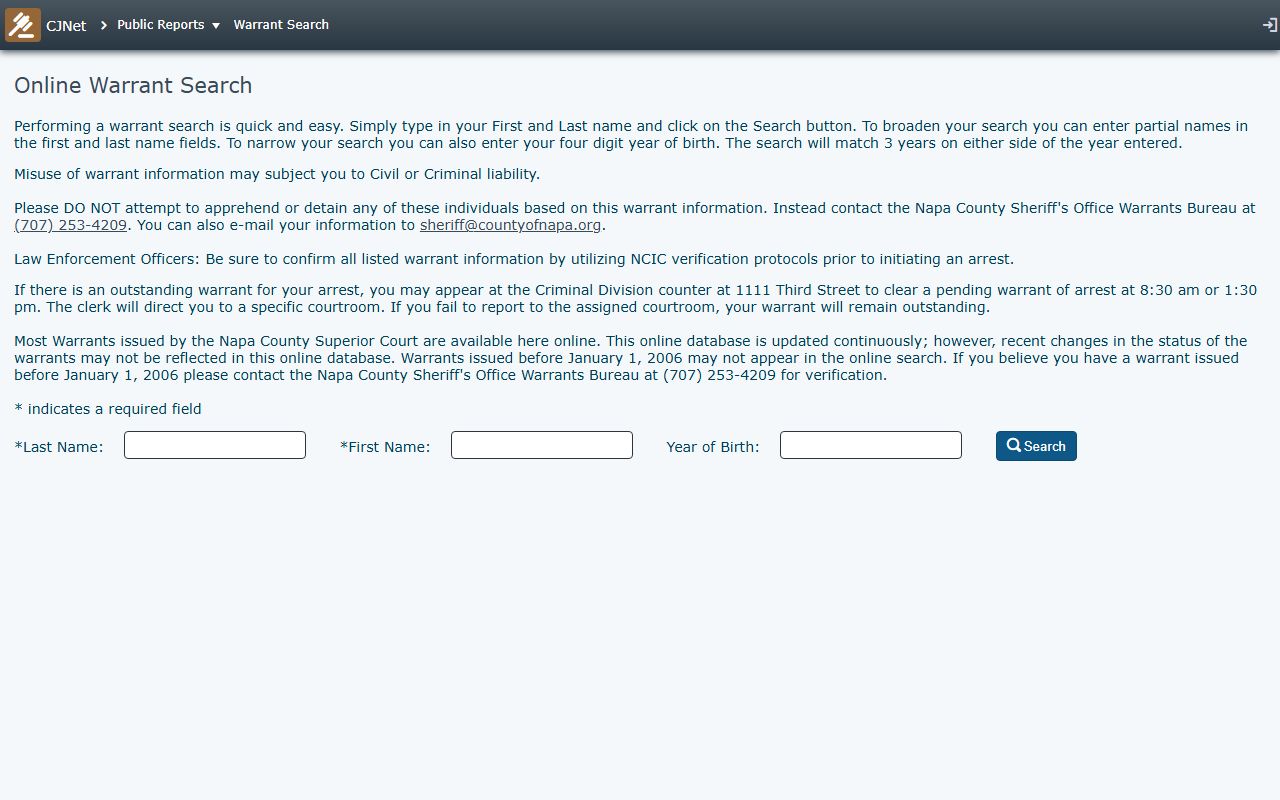 Napa County Sheriff online warrant search database interface