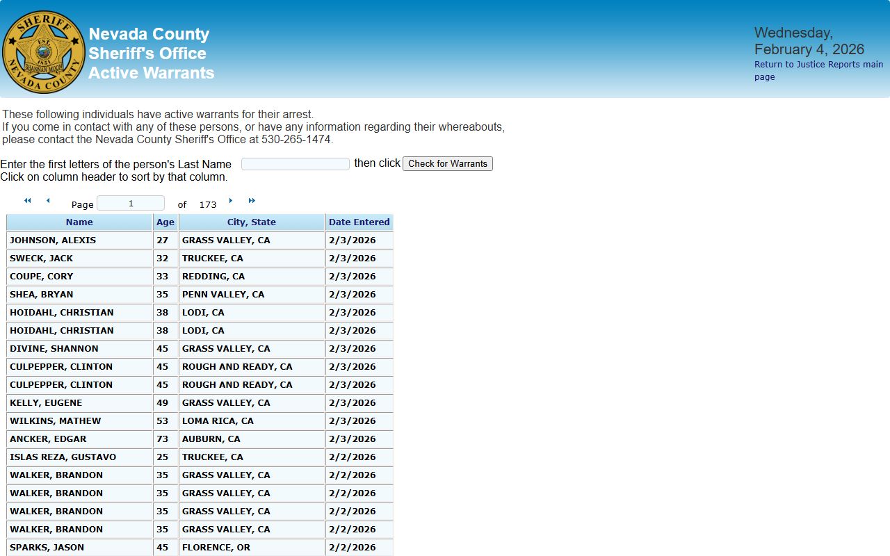 Nevada County Sheriff active warrants database search interface