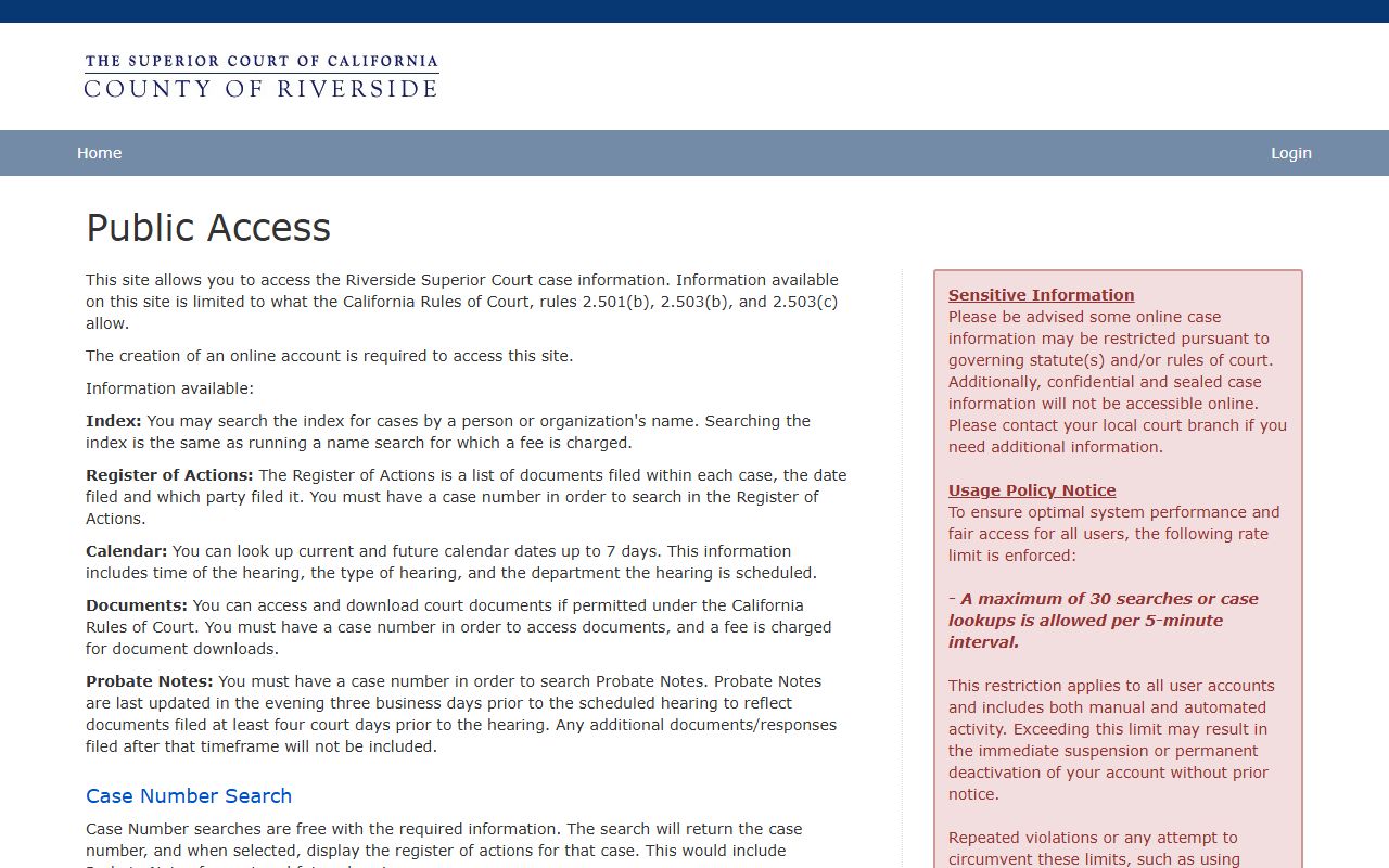 Riverside County Superior Court public access portal for searching bench warrants