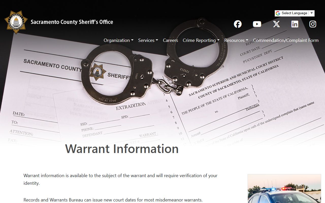 Sacramento County Sheriff warrant services webpage showing contact information