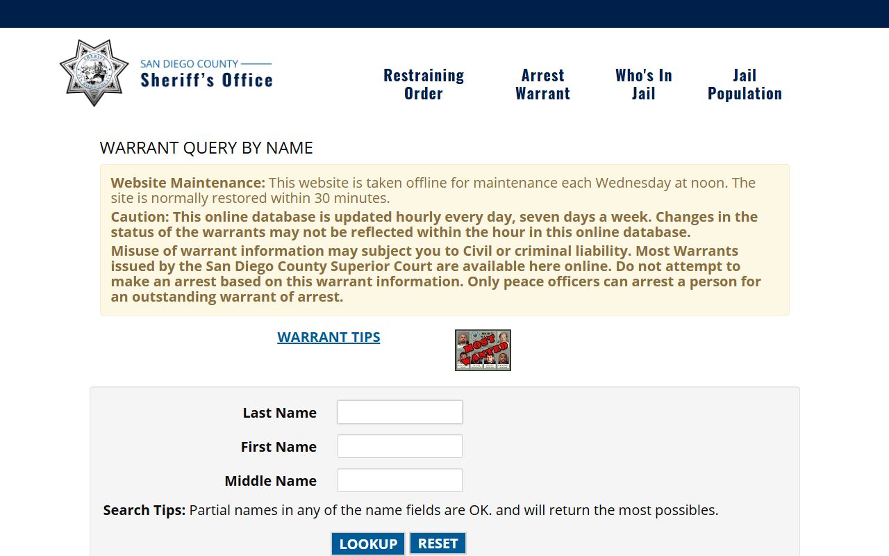 San Diego County Sheriff free online warrant search database