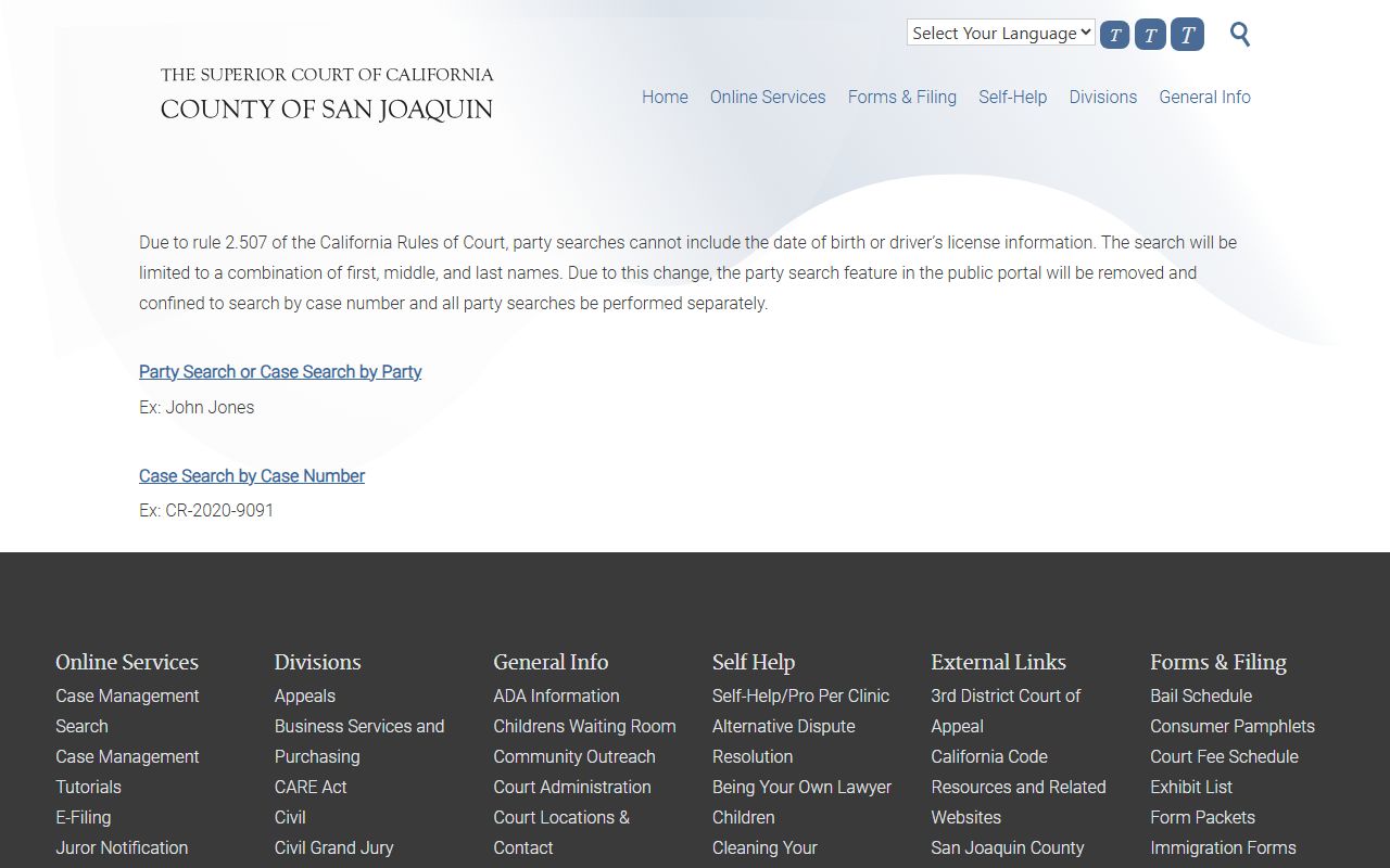 San Joaquin County Superior Court case management search portal