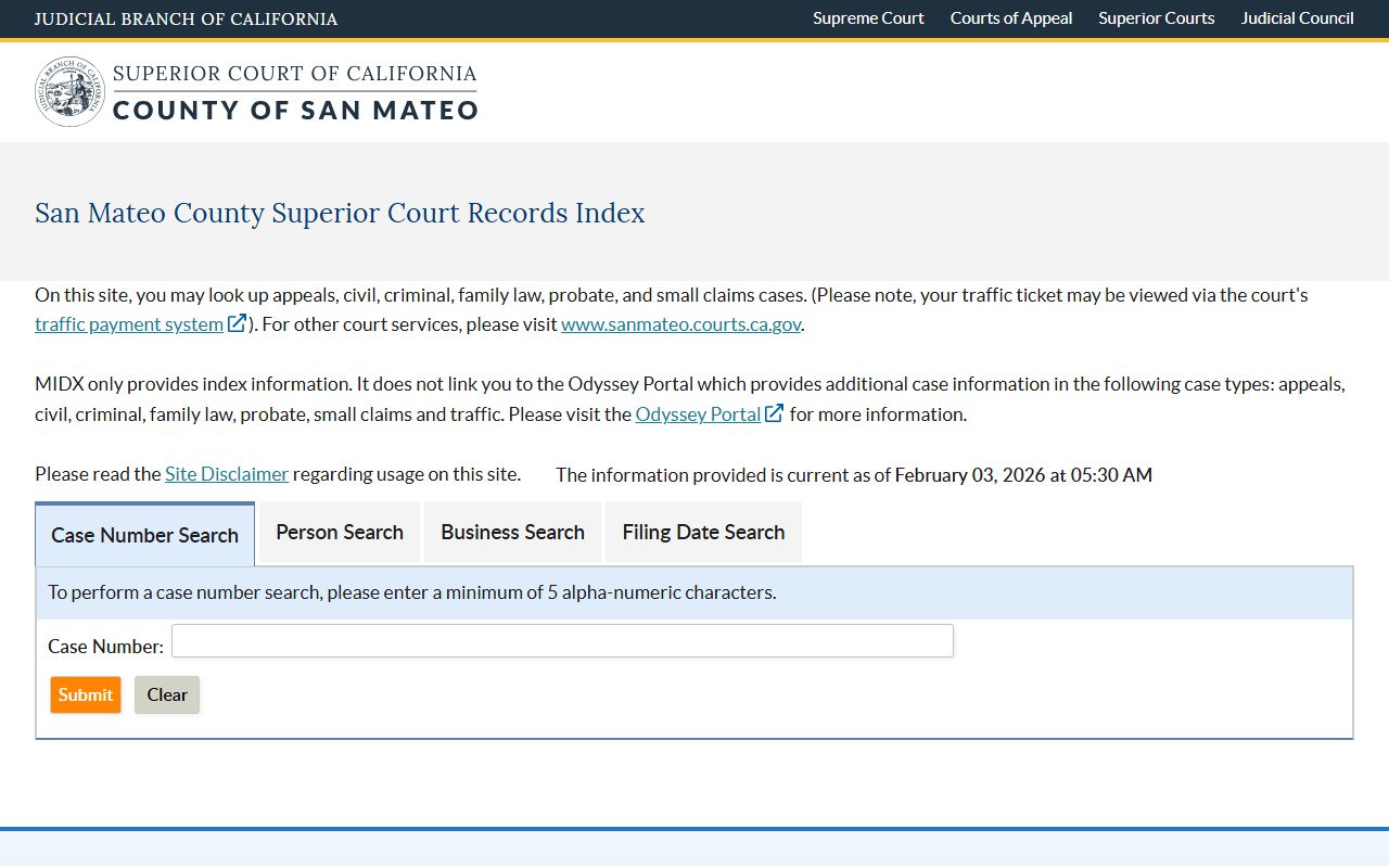 San Mateo County MIDX case index portal for searching court records and bench warrants