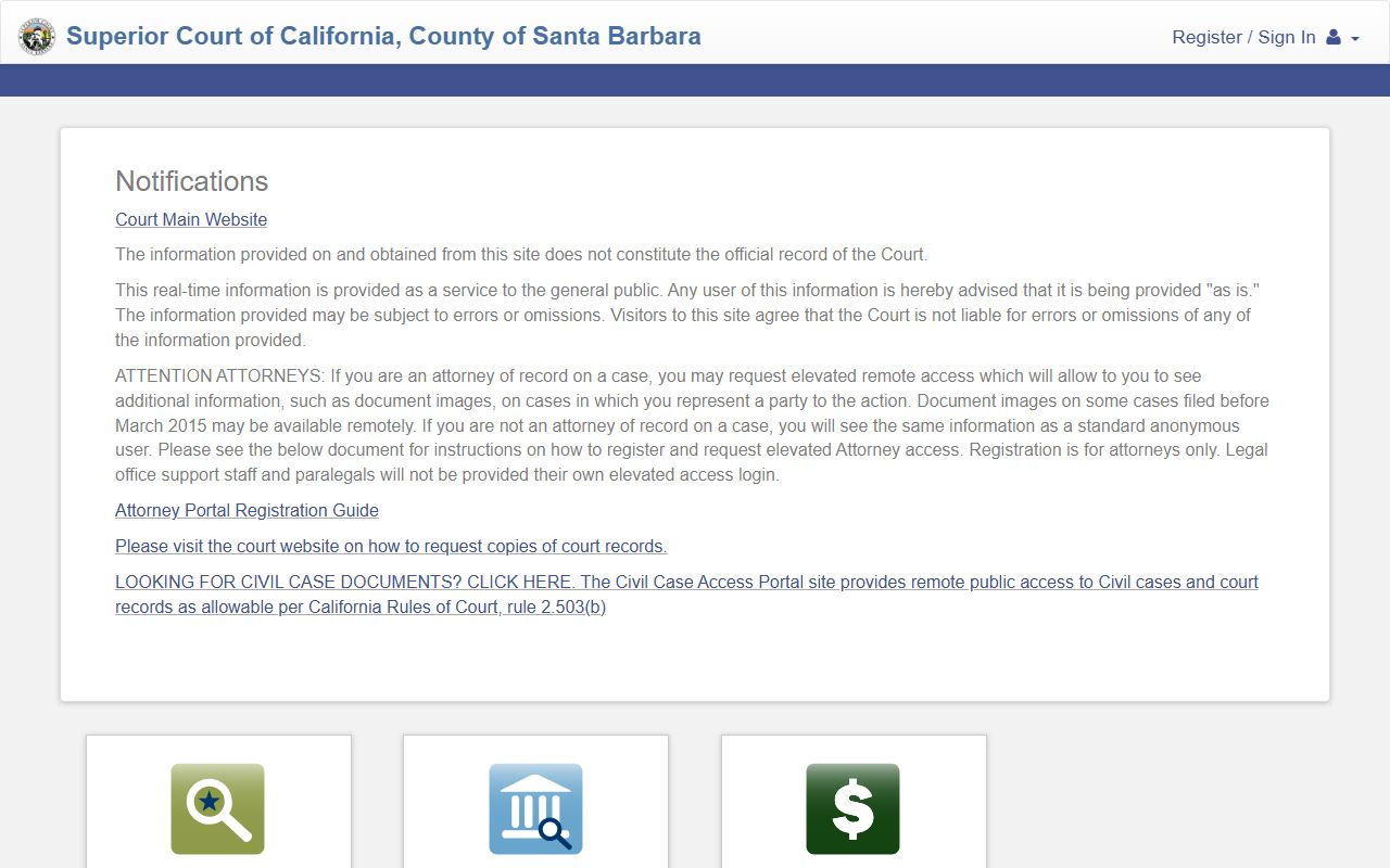 Santa Barbara County Superior Court online case portal for bench warrant searches