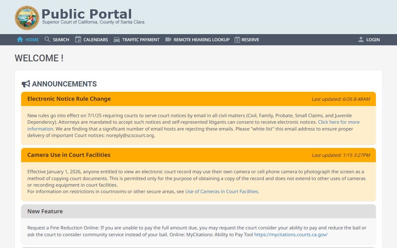 Santa Clara County Superior Court traffic case information portal for warrant searches