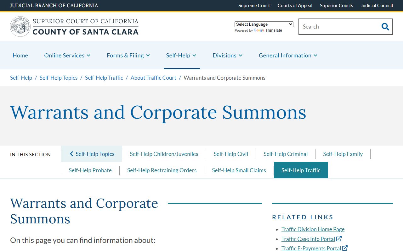 Santa Clara County Superior Court self-help page explaining bench warrants