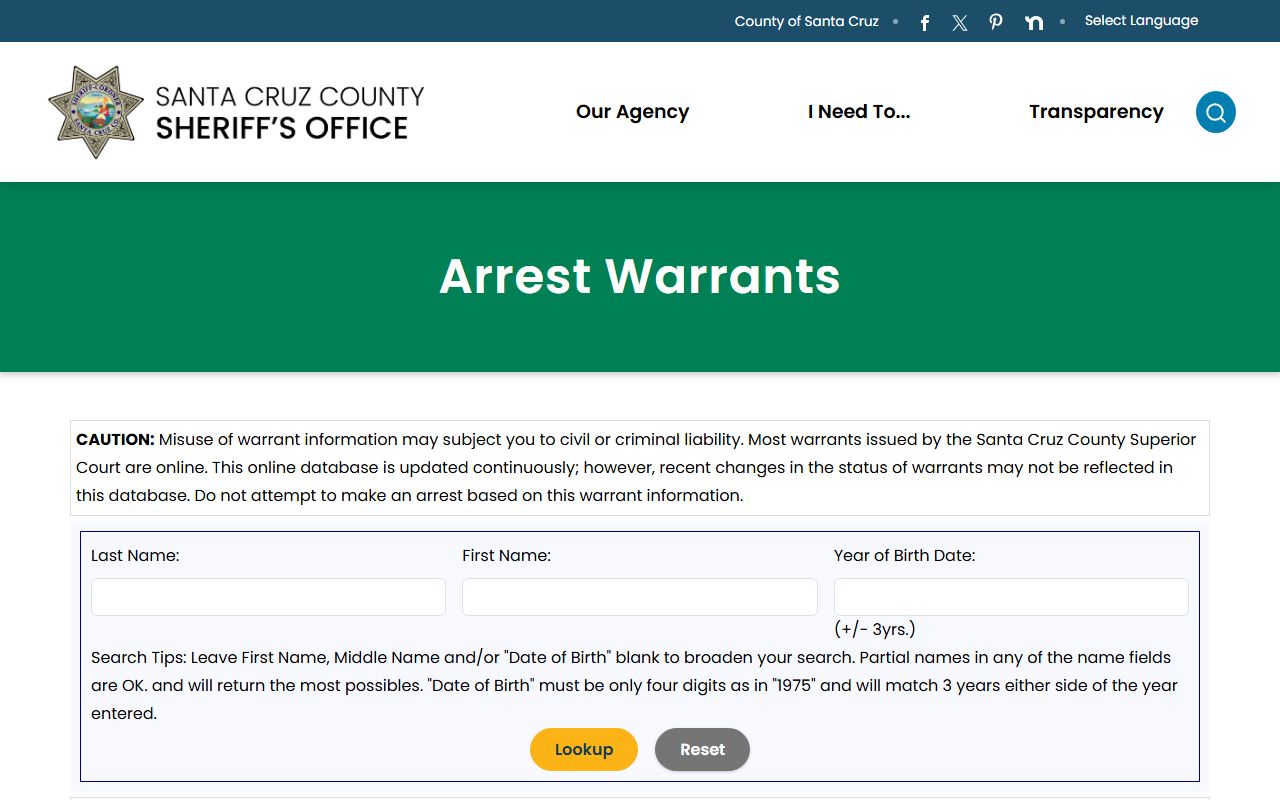 Santa Cruz County Sheriff free online warrant search database