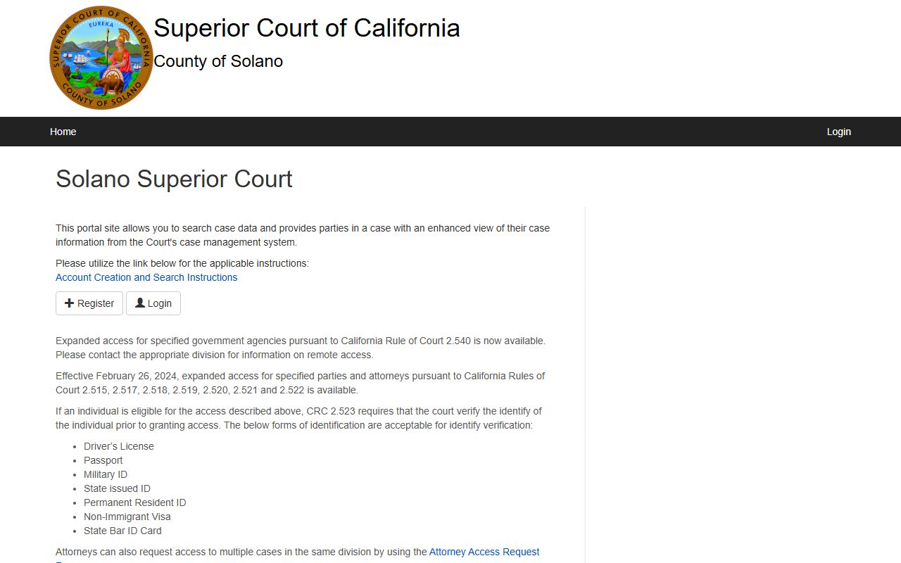 Solano County Superior Court online case portal search interface