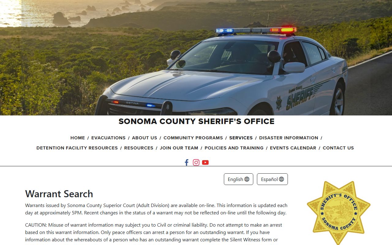 Sonoma County Sheriff free online warrant search database interface