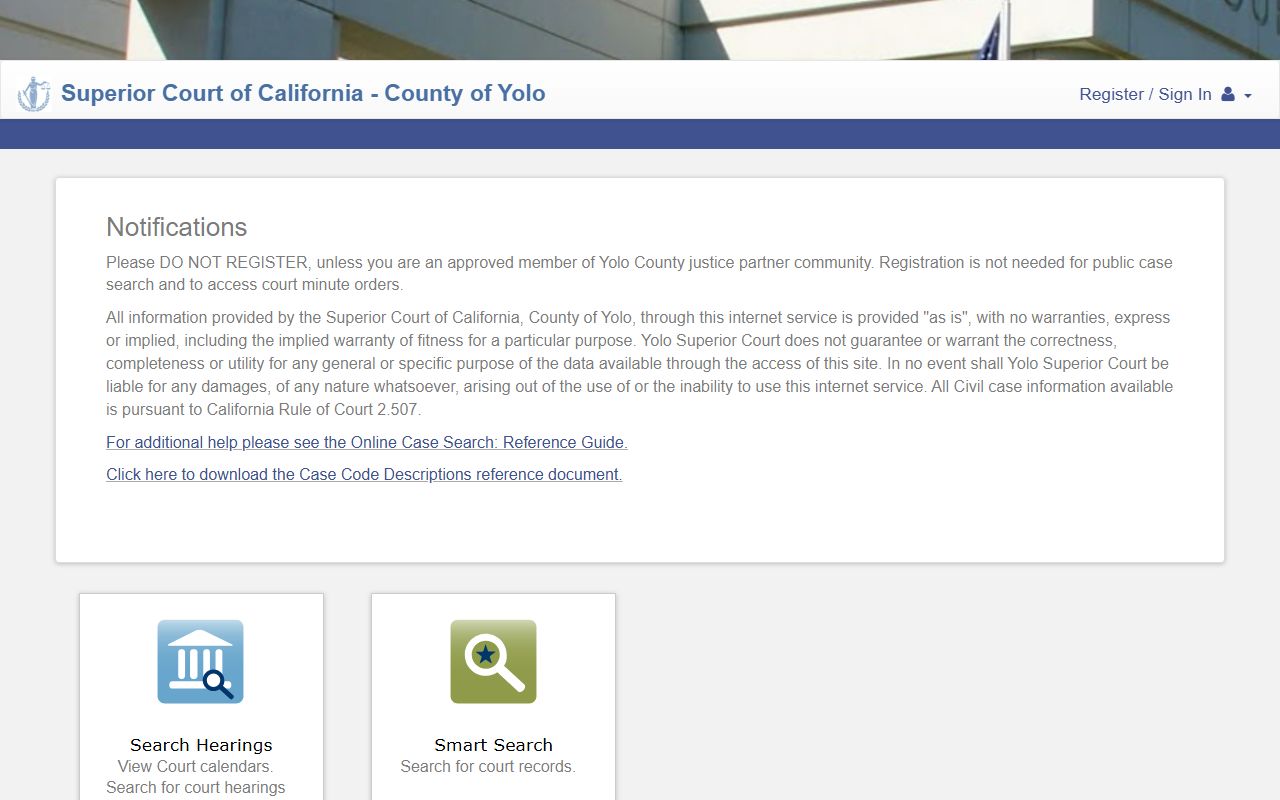 Yolo County Superior Court online case search portal