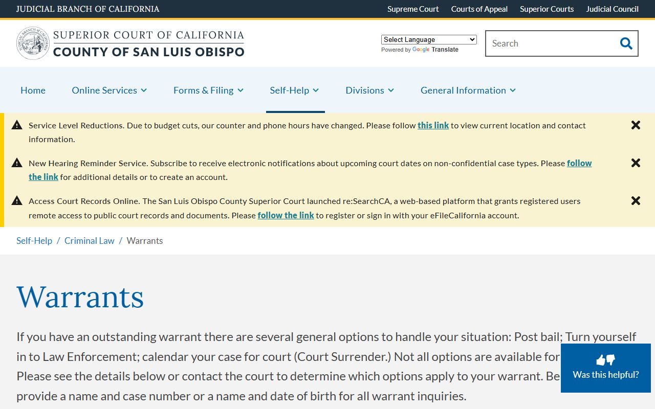 California court self-help page explaining warrant options and procedures