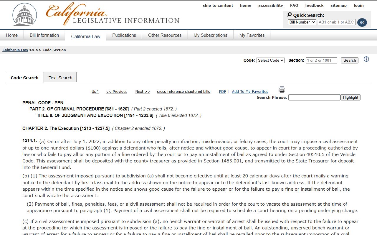 California Penal Code Section 1214.1 civil assessment for failure to appear