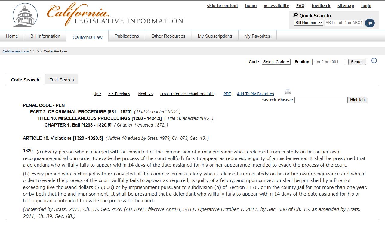 California Penal Code Section 1320 failure to appear statute text