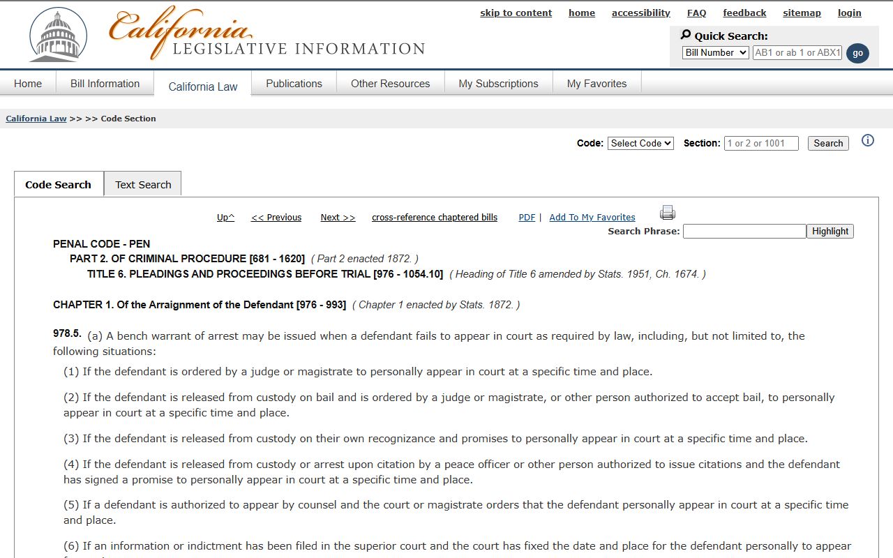 California Penal Code Section 978.5 bench warrant issuance statute