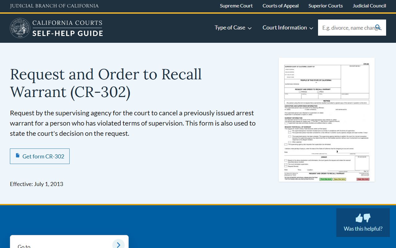 California Judicial Council form CR-302 for requesting warrant recall
