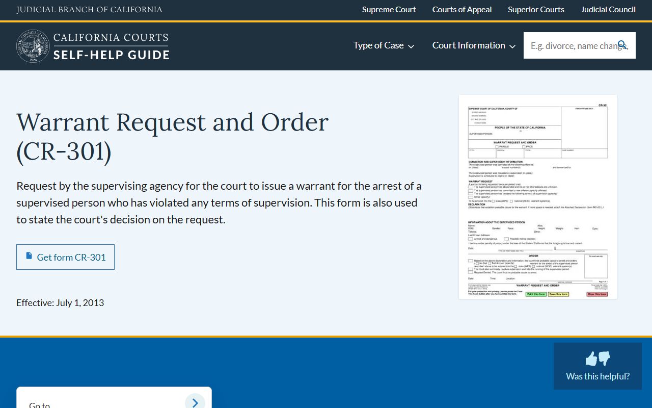 California Judicial Council warrant request form CR-301 page